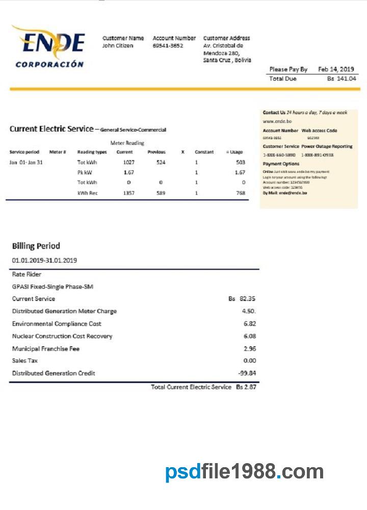 Bolivia ENDE Corporacion Electricity Utility Bill